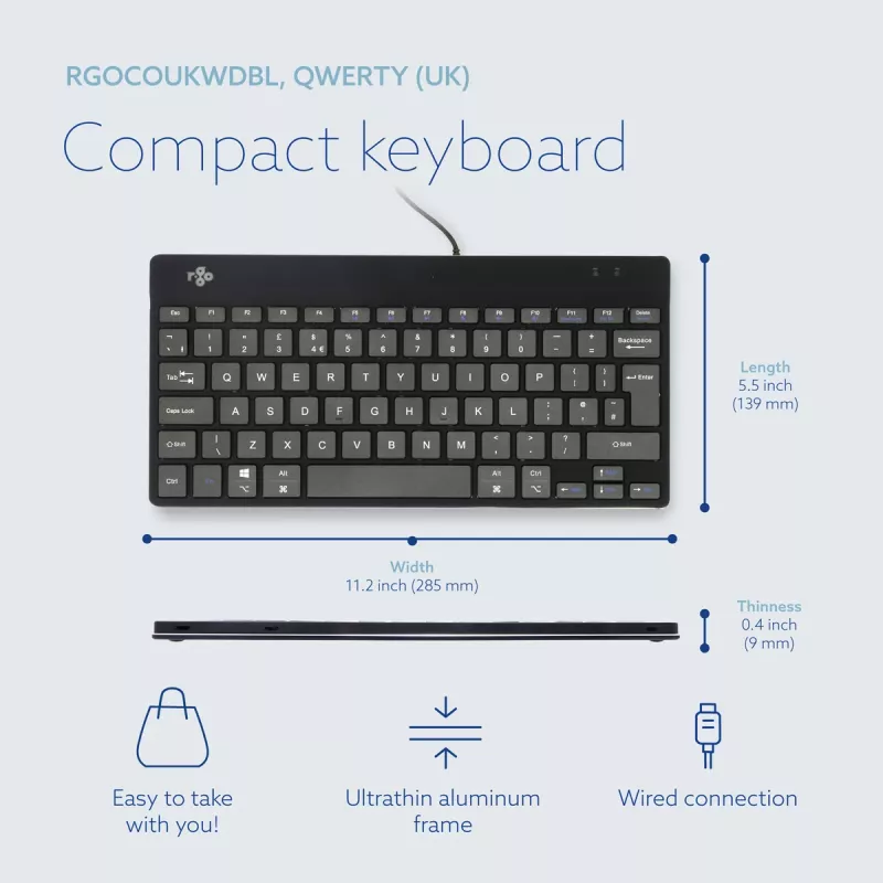 R-Go Tools teclado ergonómico R-Go Compact Break, teclado compacto com software de pausas, QWERTY (UK), com fios, preto