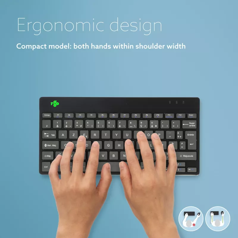 Teclado ergonómico R-Go Tools R-Go Compact Break, teclado compacto com software de pausas, AZERTY (FR), Bluetooth, preto