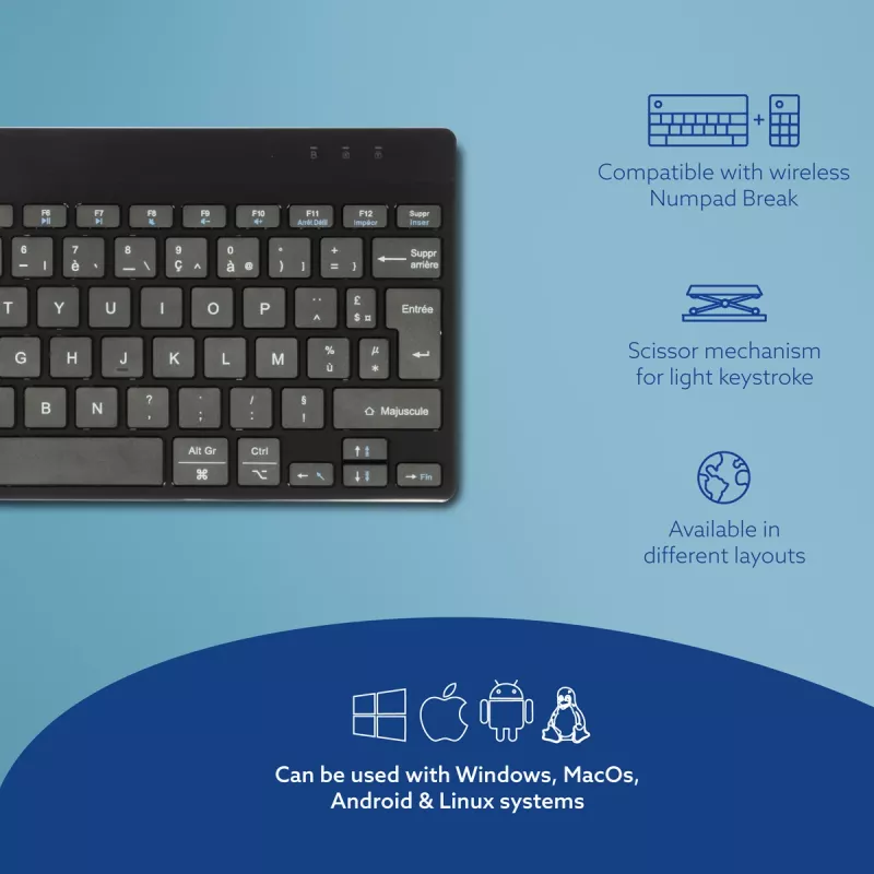 Teclado ergonómico R-Go Tools R-Go Compact Break, teclado compacto com software de pausas, AZERTY (FR), Bluetooth, preto