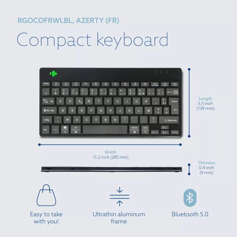 Teclado ergonómico R-Go Tools R-Go Compact Break, teclado compacto com software de pausas, AZERTY (FR), Bluetooth, preto