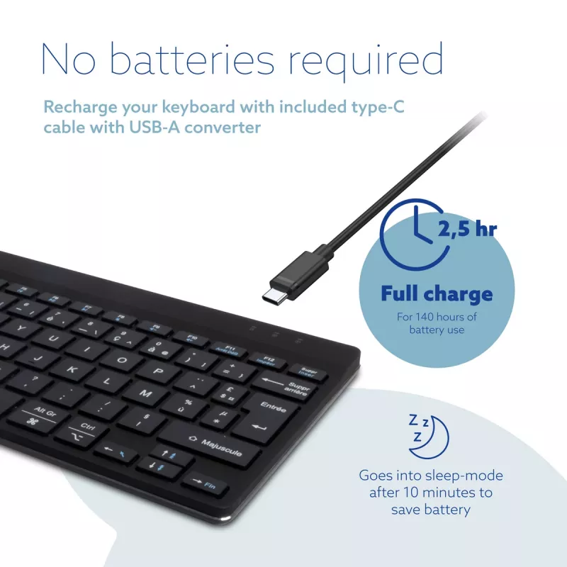 Teclado ergonómico R-Go Tools R-Go Compact Break, teclado compacto com software de pausas, AZERTY (FR), Bluetooth, preto