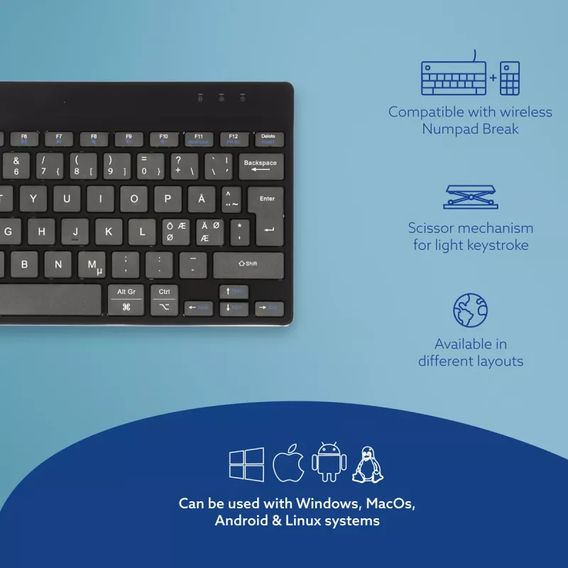 R-Go Tools teclado ergonómico R-Go Compact Break, teclado compacto com software Break, QWERTY (NORDIC), Bluetooth, preto