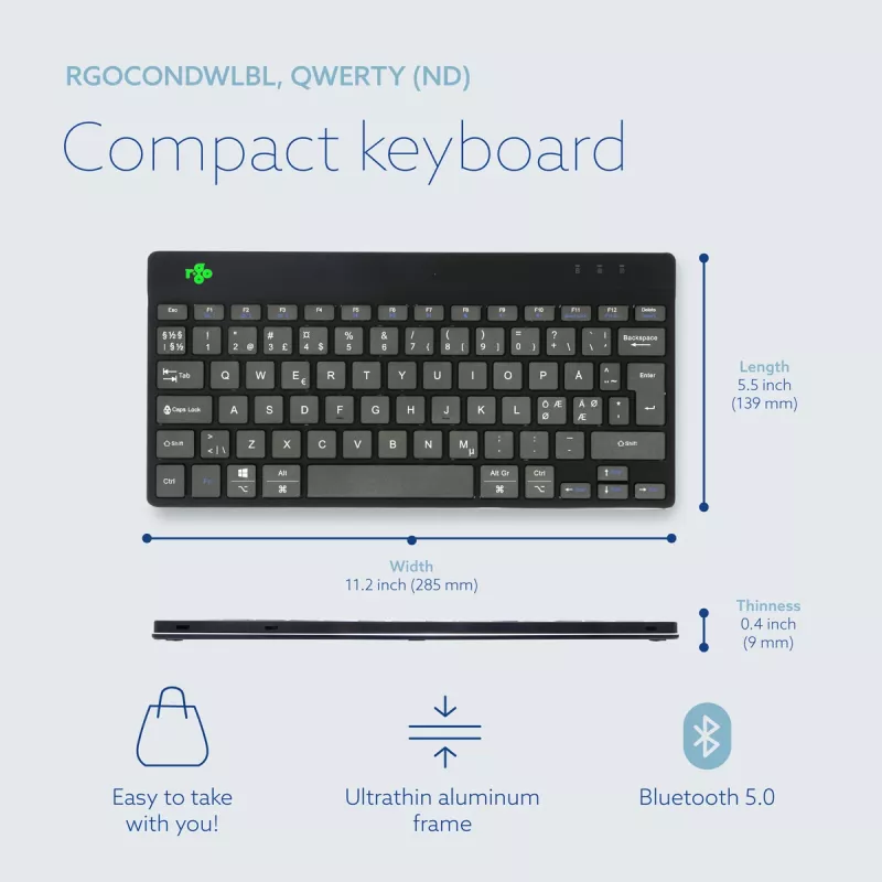 R-Go Tools teclado ergonómico R-Go Compact Break, teclado compacto com software Break, QWERTY (NORDIC), Bluetooth, preto