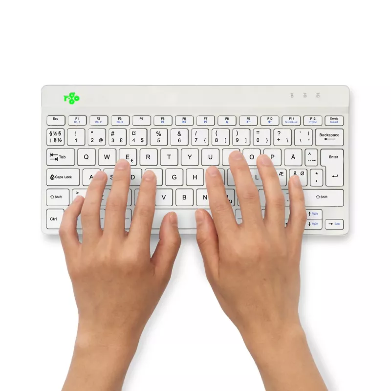 R-Go Tools teclado ergonómico R-Go Compact Break, teclado compacto com software de pausas, QWERTY (NORDIC), Bluetooth, branco