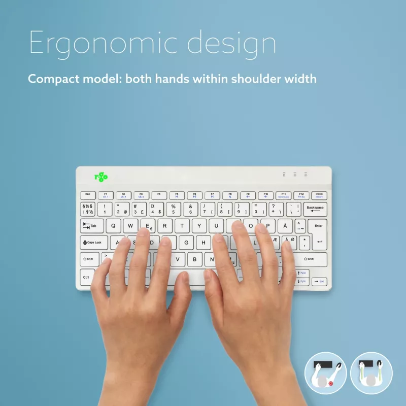 R-Go Tools teclado ergonómico R-Go Compact Break, teclado compacto com software de pausas, QWERTY (NORDIC), Bluetooth, branco
