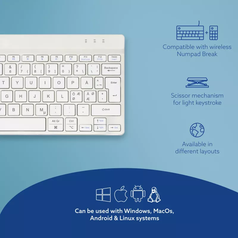 R-Go Tools teclado ergonómico R-Go Compact Break, teclado compacto com software de pausas, QWERTY (NORDIC), Bluetooth, branco