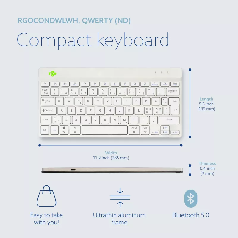 R-Go Tools teclado ergonómico R-Go Compact Break, teclado compacto com software de pausas, QWERTY (NORDIC), Bluetooth, branco