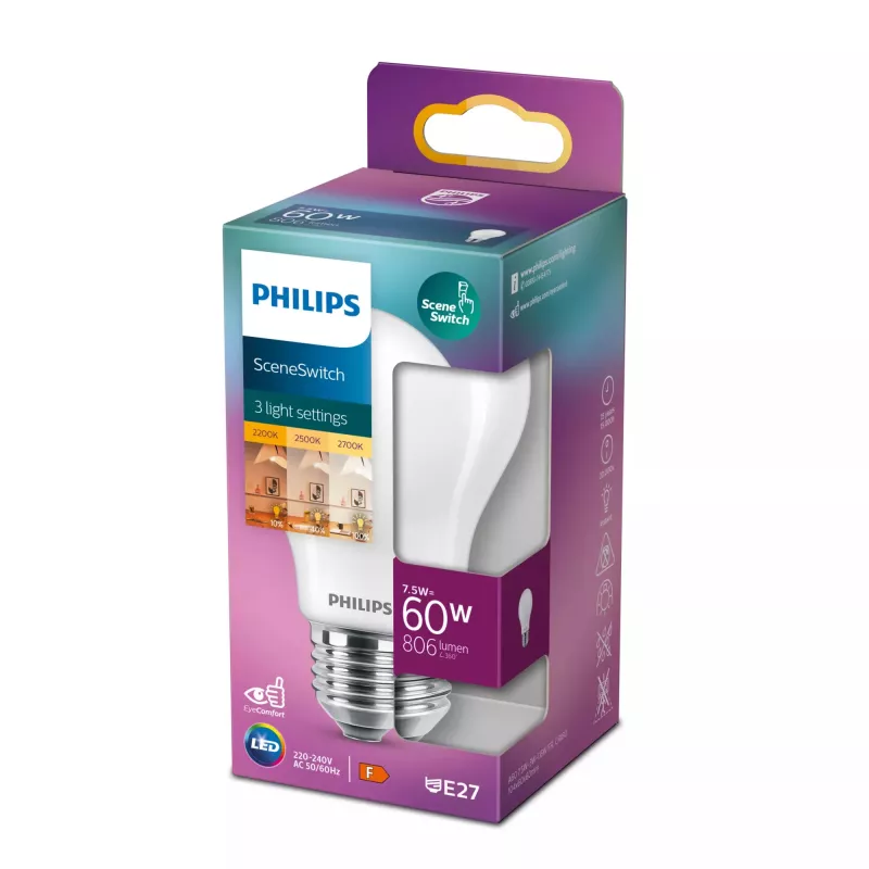 Philips lâmpada 60;30; 16 W A60 E27 7,5 W branco quente 806 lm