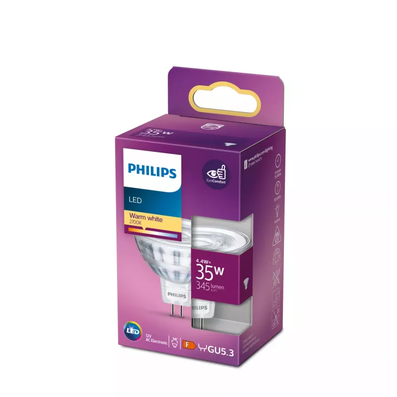 Lâmpada LED Philips Spot MR16 GU5.3 4,4W (345 lm) 2700K branco quente, CRI 80, ângulo de abertura 36°