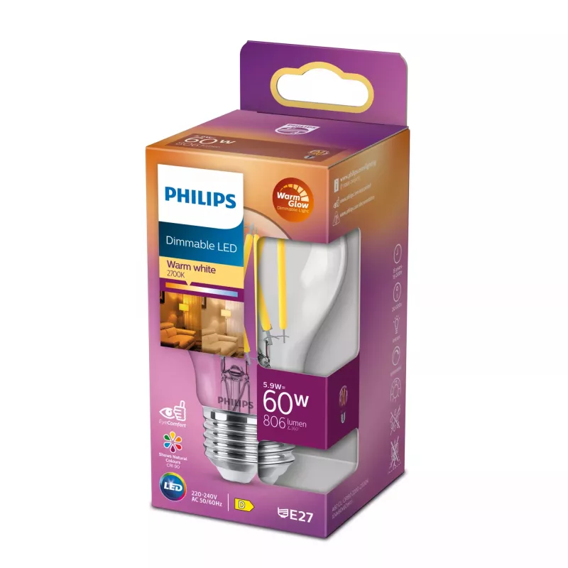 Philips Filament Bulb Clear 60W A60 E27, 5,9 W, 60 W, E27, 806 lm, 15000 h, luz quente