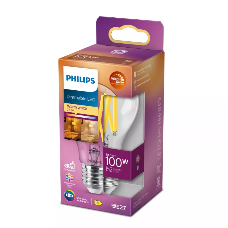 Philips Filament Bulb Clear 100W A60 E27, 10,5 W, 100 W, E27, 1521 lm, 15000 h, brilho quente