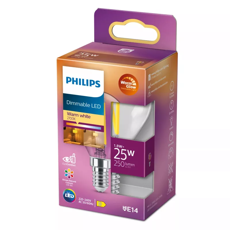 Philips Filament Candle Clear 25W P45 E14, 2,5 W, 25 W, E14, 340 lm, 15000 h, luz quente