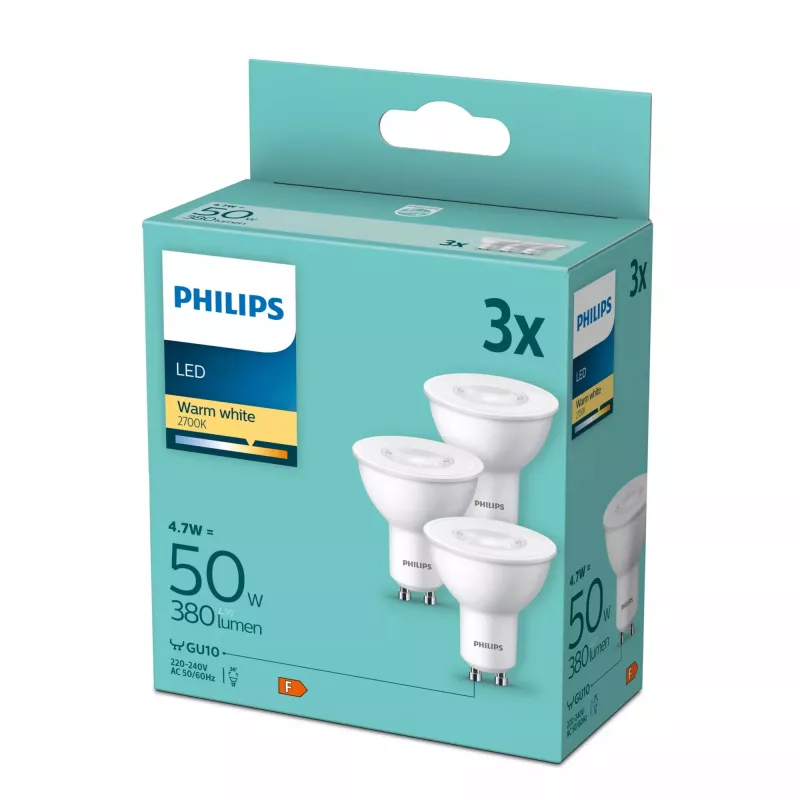 Philips Spot 50W PAR16 GU10 x3 4,7W branco quente 380lm 15000h