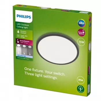 Plafonier Philips Superslim 15W LED, 4000K, IP54, 250×250 mm, preto/branco