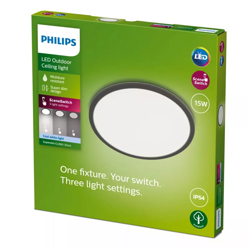 Plafonier Philips Superslim 15W LED, 4000K, IP54, 250×250 mm, preto/branco