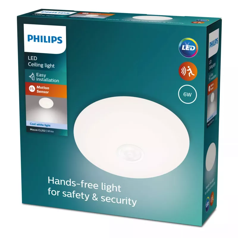 Plafonier Philips Functional Mauve 6 W LED, redondo 250×72 mm, branco, lâmpada fixa integrada