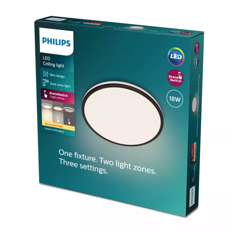 Plafonier Philips Functional Ozziet 18 W LED, redondo, preto, lâmpadas fixas integradas, 220–240 V