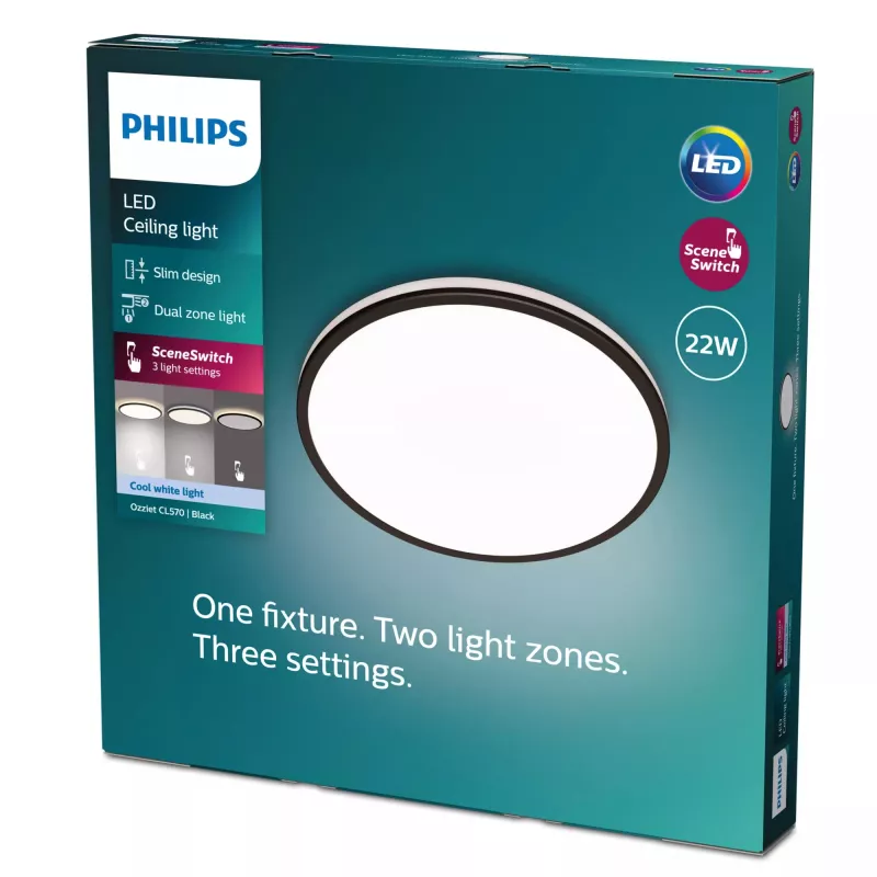 Plafonier Signify Philips Functional Ozziet, LED 22 W, redondo 400 mm, preto, lâmpadas não substituíveis
