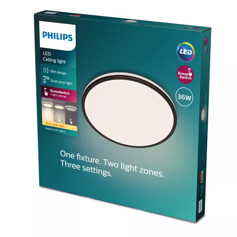 Plafonier Philips Ozziet 36 W LED, redondo 500×55 mm, preto, módulo LED não substituível
