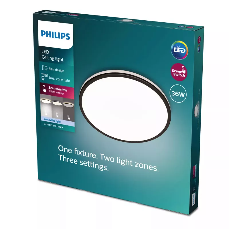 Plafonier Philips Functional Ozziet 36 W, LED, lâmpadas não substituíveis, 4000 K, 4100 lm, IP20, preto