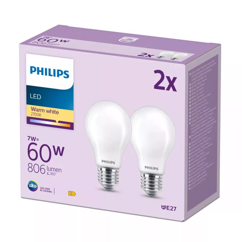 Lâmpada Philips Filament mate 60W A60 E27 pack de 2, 7 W, 60 W, E27, 806 lm, 15000 h, branco quente