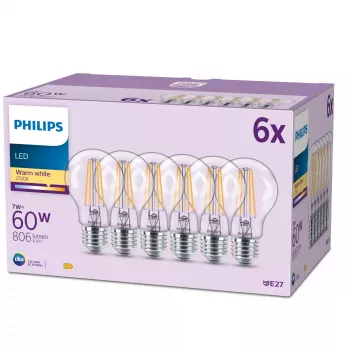 Lâmpada Philips Filament Frosted 60W A60 E27 x6, 7 W, 60 W, E27, 806 lm, 15000 h, branco quente