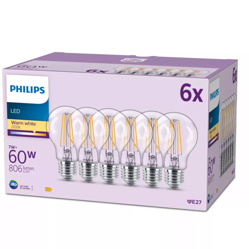 Lâmpada Philips Filament Frosted 60W A60 E27 x6, 7 W, 60 W, E27, 806 lm, 15000 h, branco quente