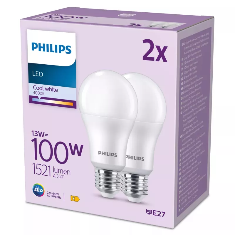 Lâmpada Philips 100W A67 E27 x2, 13 W, 100 W, E27, 1521 lm, 15000 h, branco frio