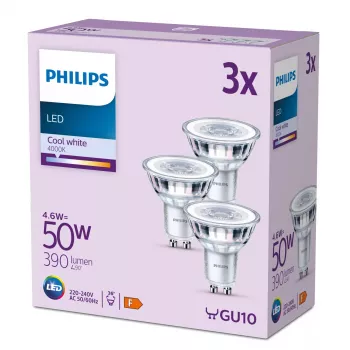 Philips Spot 50W PAR16 GU10 x3, 4,6 W, 50 W, GU10, 390 lm, 15000 h, branco frio