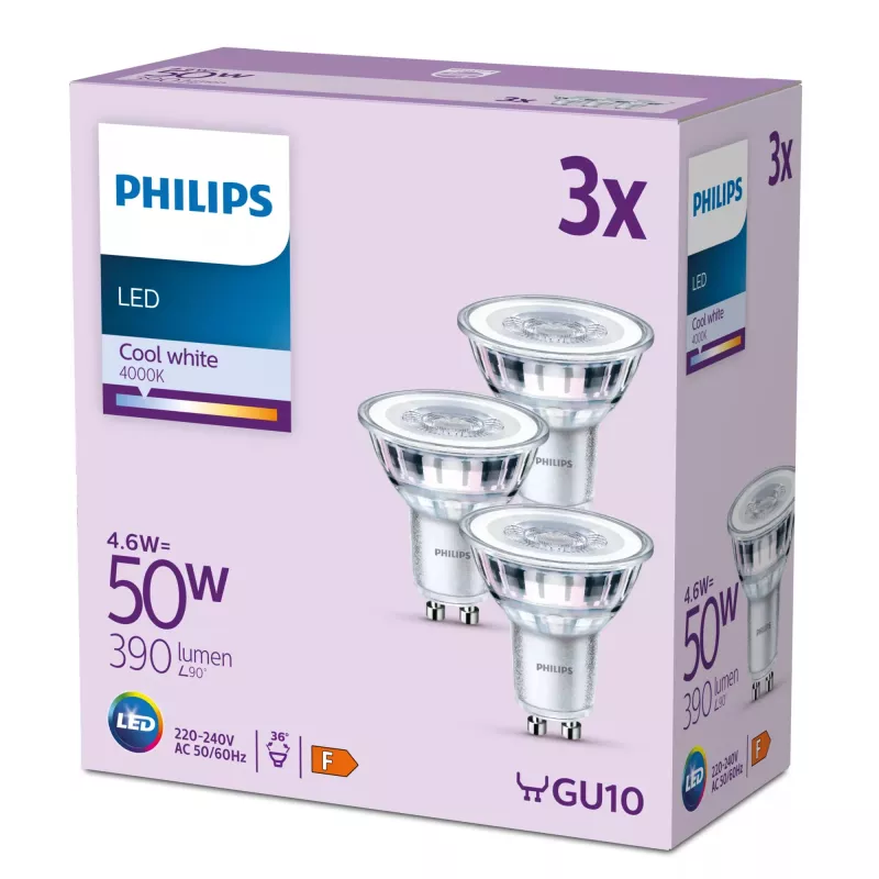 Philips Spot 50W PAR16 GU10 x3, 4,6 W, 50 W, GU10, 390 lm, 15000 h, branco frio