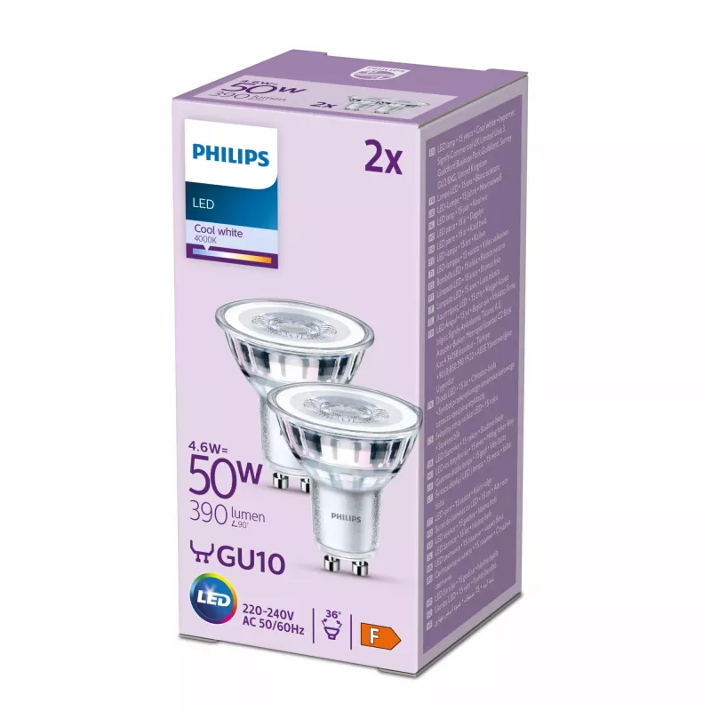 Philips Spot 50W PAR16 GU10 2 unid., 4,6 W, 50 W, GU10, 390 lm, 15000 h, branco frio