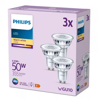 Philips Spot 50W PAR16 GU10 x3, 4,6 W, 50 W, GU10, 355 lm, 15000 h, branco quente