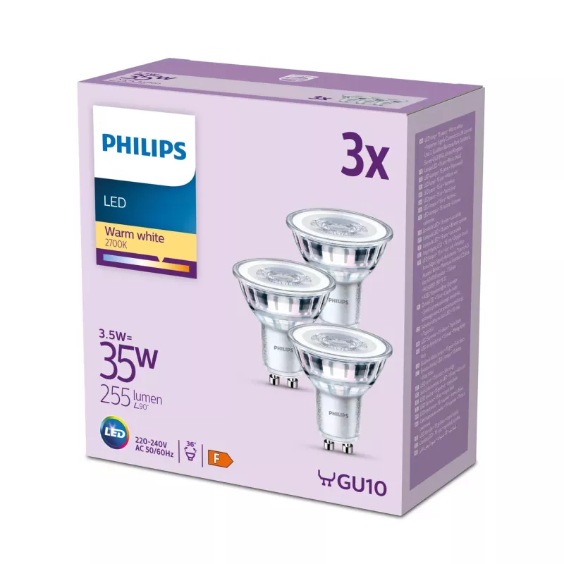 Philips Spot 35W PAR16 GU10 x3, 3,5 W, 35 W, GU10, 255 lm, 15000 h, branco quente