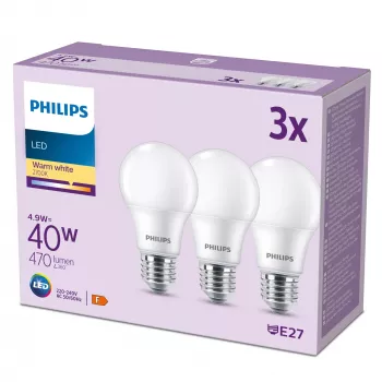 Lâmpada Philips 40W A60 E27 x3, 4,9 W, 40 W, E27, 470 lm, 15000 h, branco quente