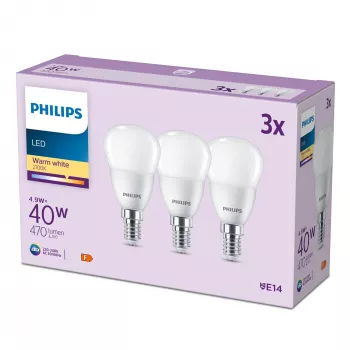 Philips Vela 40W P45 E14 x3, 4,9 W, 40 W, E14, 470 lm, 15000 h, branco quente