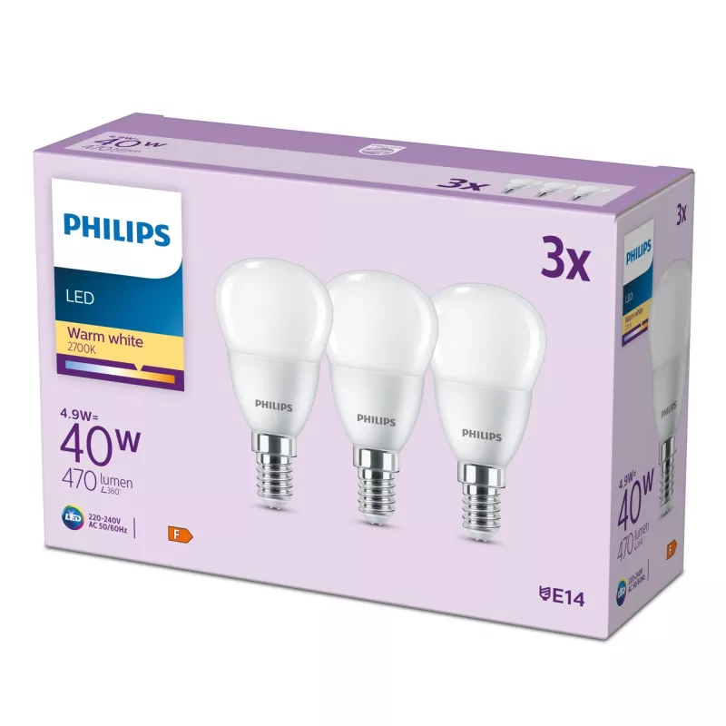 Philips Vela 40W P45 E14 x3, 4,9 W, 40 W, E14, 470 lm, 15000 h, branco quente