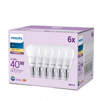 Philips Vela 40W P45 E14 x6, 4,9 W, 40 W, E14, 470 lm, 15000 h, branco quente