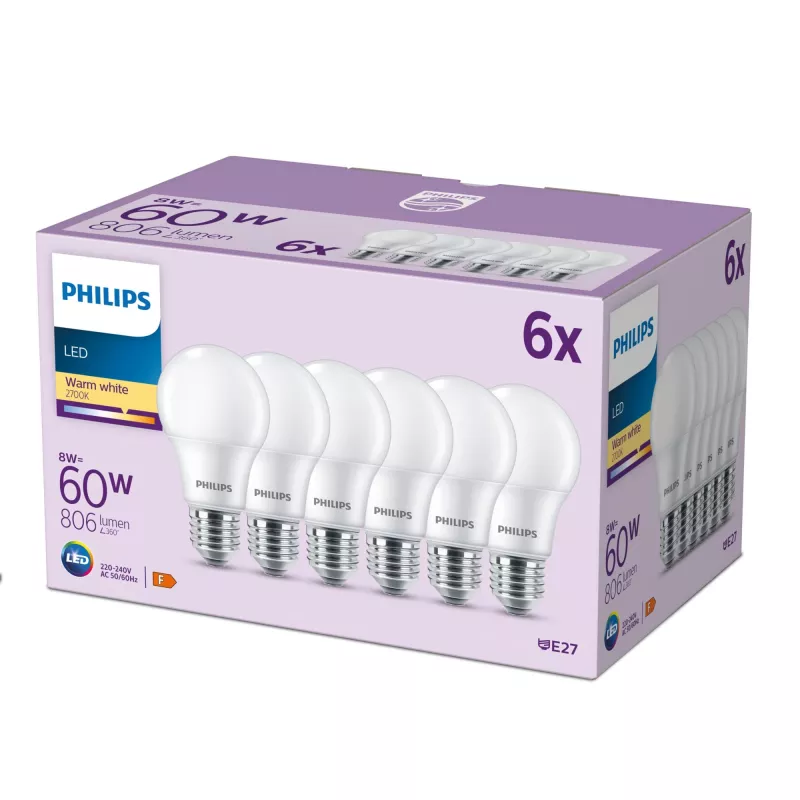 Lâmpada Philips 60W A60 E27 x6, 8 W, 60 W, E27, 806 lm, 15000 h, branco quente