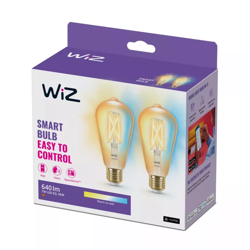 WiZ Filament Bulb Amber 50 W ST64 E27 x2, lâmpada inteligente, Wi-Fi/Bluetooth, dourado, Wi-Fi 4 (802.11n), 802.11b, 802.11g, LED, E27