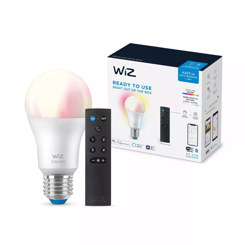 WiZ Bulb 8W (equiv. 60W) A60 E27 x1 + comando, lâmpada inteligente, Wi-Fi/Bluetooth, branco, Wi-Fi 4 (802.11n), 802.11b, 802.11g, LED, E27