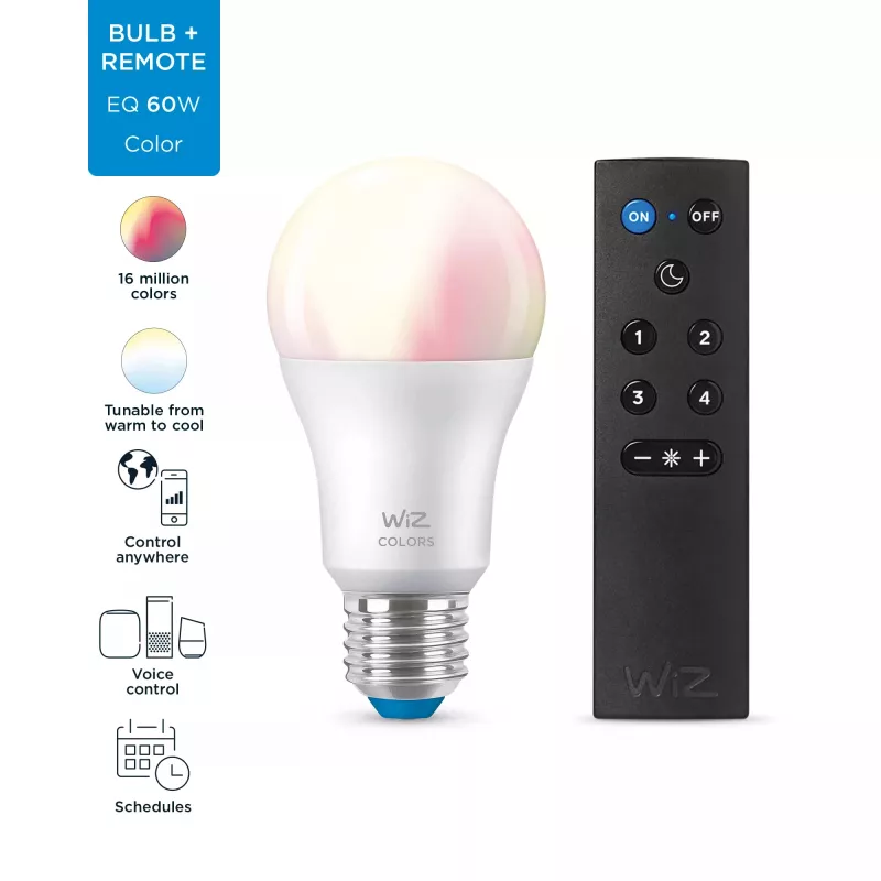 WiZ Bulb 8W (equiv. 60W) A60 E27 x1 + comando, lâmpada inteligente, Wi-Fi/Bluetooth, branco, Wi-Fi 4 (802.11n), 802.11b, 802.11g, LED, E27