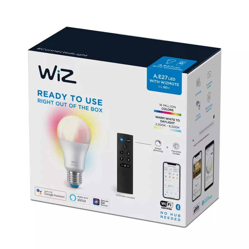 WiZ Bulb 8W (equiv. 60W) A60 E27 x1 + comando, lâmpada inteligente, Wi-Fi/Bluetooth, branco, Wi-Fi 4 (802.11n), 802.11b, 802.11g, LED, E27
