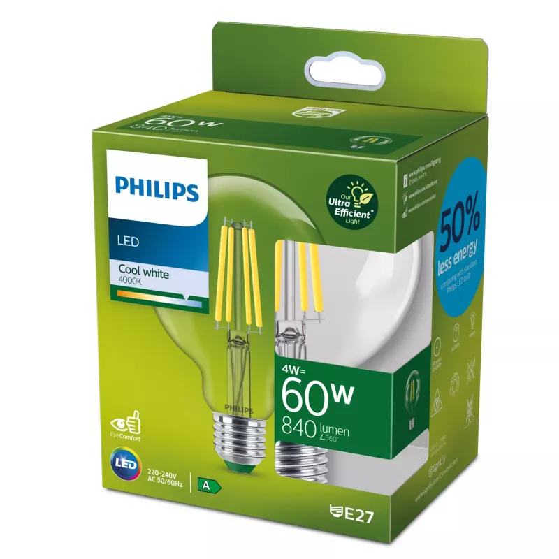 Philips Filament Bulb Clear 60W G95 E27, 4 W, 60 W, E27, 840 lm, 50000 h, branco frio