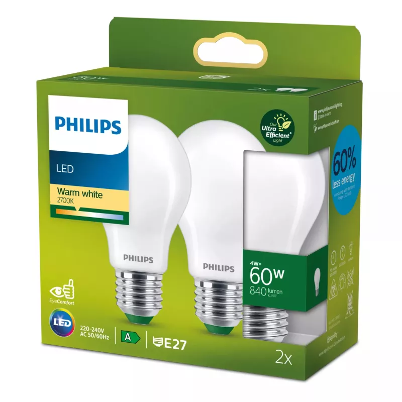 Philips Filament Bulb Frosted 60W A60 E27 4W branco quente 840lm