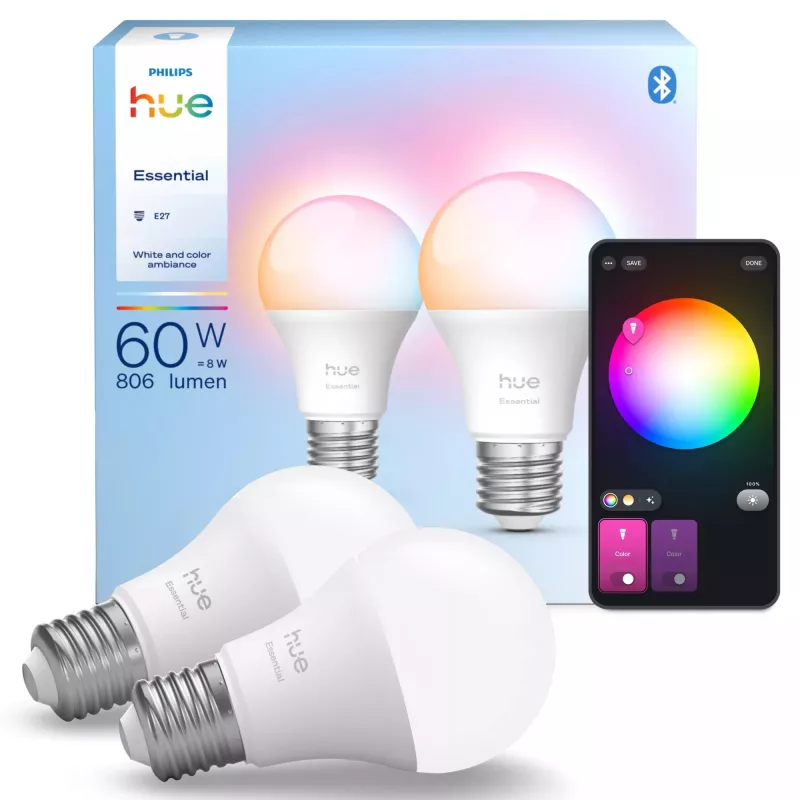 Philips Hue White and colour ambience Essential A60 – lâmpada inteligente E27 – 806 lm – 8W – pack de 2