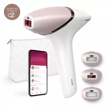 Aparelho de remoção de pelos por IPL Philips Lumea 9000 Series BRI955/01 — SenseIQ, bateria, dourado/branco, perna completa 8,5 min.