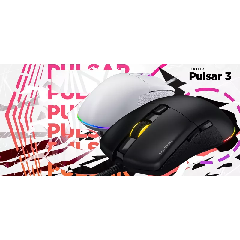 Rato HATOR Pulsar 3 ótico amarelo 12000 DPI 6 botões branco