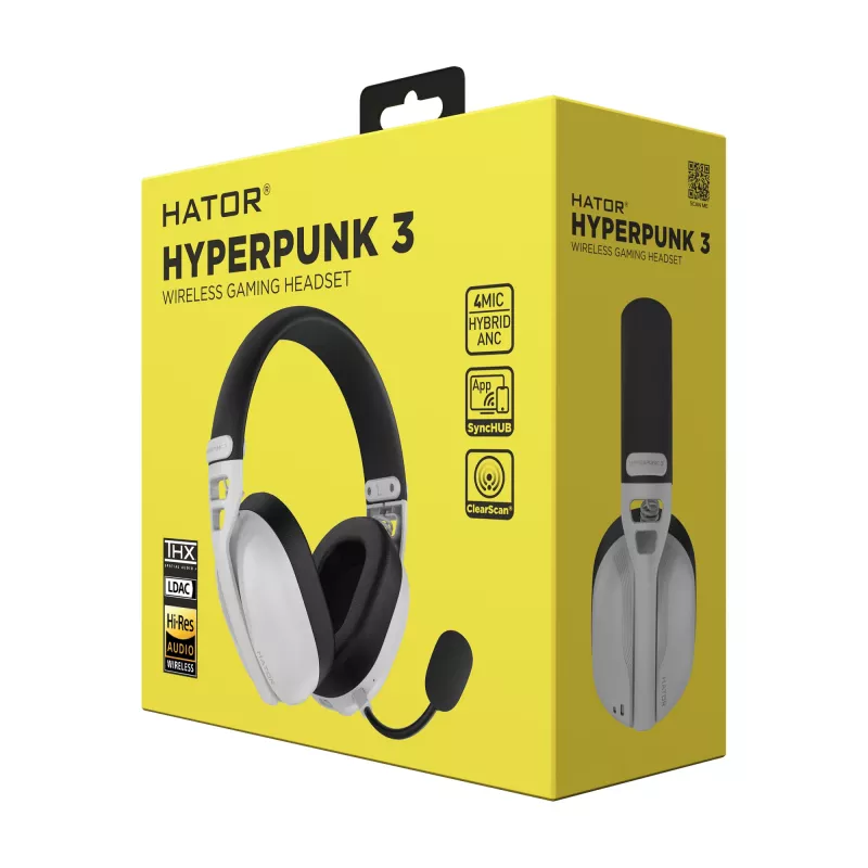 Headset HATOR Hyperpunk 3 sem fios com fios e sem fios de arco gaming USB Type-C / USB Type-A Bluetooth branco