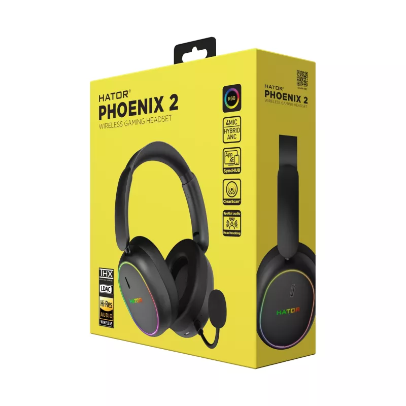 Headset HATOR Phoenix 2 sem fios com fios e sem fios de arco gaming USB Type-C / USB Type-A Bluetooth preto