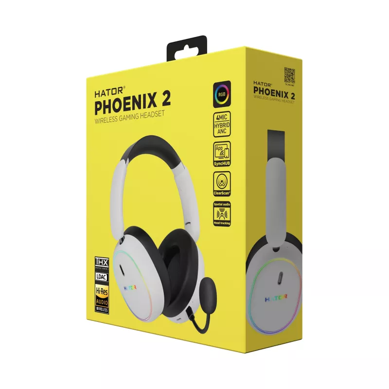 Headset HATOR Phoenix 2 sem fios com fios e sem fios de arco gaming USB Type-C / USB Type-A Bluetooth branco